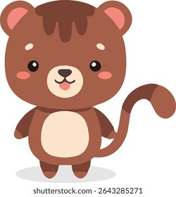 A cute, cartoon-style animal with brown fur, a curled tail, and a light beige belly is standing upright. It has a happy expression.