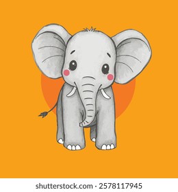 A cute, cartoon-style baby elephant with big, expressive eyes and rosy cheeks stands against a bright orange background.