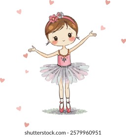 A cute cartoon-style ballerina with short brown hair and rosy cheeks is wearing a pink tutu dress, red ballet shoes, and a floral headband.