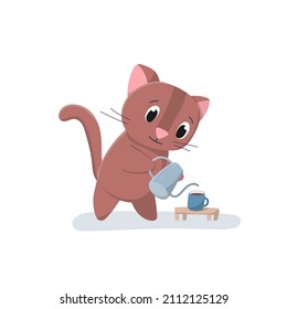 A cute cartoon-style barista cat pours coffee from a coffee pot into a cup. Vector illustration on a white, isolated background