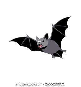 Cute cartoon-style bat with dark gray body and black wings flying. Great for Halloween, children's illustrations, spooky scenes, and fun animal graphics