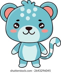 A cute, cartoon-style bear with blue fur, white spots, a striped tail, and large, expressive kawaii eyes. It has pink cheeks and a sweet smile.