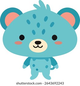 Um urso azul bonito, estilo cartoon com orelhas internas cor-de-rosa e rubor na bochecha, apresentando um design simples e arredondado e uma pequena cauda.