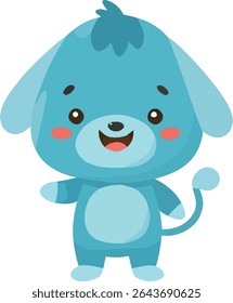 Um cachorrinho azul bonito, estilo desenho animado com bochechas rosadas, uma barriga azul clara e uma cauda divertida está sorrindo.
