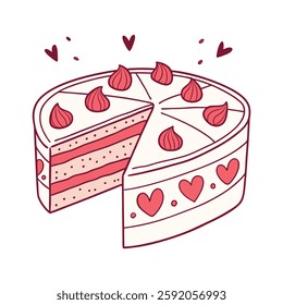 Cute, cartoon-style cake with a slice missing, perfect for celebratory designs.