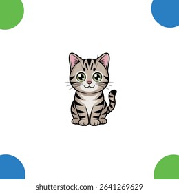 A cute cartoon-style cat with big green eyes, a tiny pink nose, and a happy smile can be seen in this adorable vector illustration. Its curly tail and light brown fur with darker stripes.