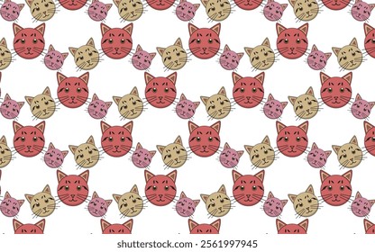 Cute cartoon-style cat faces in pink, beige, and brown, arranged in a seamless pattern on a white background. Perfect for textiles, wallpapers, and designs.