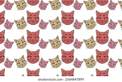 Cute cartoon-style cat faces in pink, beige, and brown, arranged in a seamless pattern on a white background. Perfect for textiles, wallpapers, and designs.