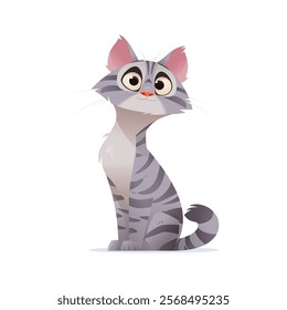 Cute cartoon-style cat. Gray and white striped coat, expressive eyes. Tail curled around its body. Curious and friendly. Pet lovers concept. Isolated background. Flat vector illustration