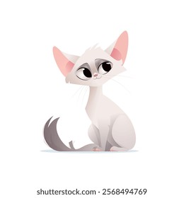 Cute cartoon-style cat. Light gray and white fur, expressive eyes.Tail curled around its body. Pet lovers concept. Isolated background. Flat vector illustration