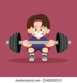 A cute cartoon-style character struggling to lift a heavy barbell. Perfect for fitness, gym promotions, and motivational designs