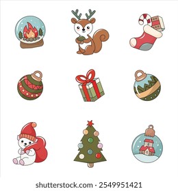 Cute cartoon-style Christmas illustration. A set of festive elements: Bright and colorful elements are ideal for the design of postcards, decorations, packaging, holiday posters and web design. 