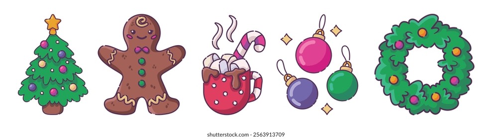 Cute cartoon-style Christmas illustration. A set of festive elements