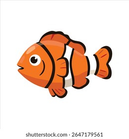 A cute cartoon-style clownfish with bold orange and white stripes outlined in black, featuring a cheerful expression and simple, playful design on a white background.

