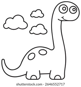 A cute, cartoon-style dinosaur with a long neck and a happy expression, depicted in black outline with simple clouds in the background, isolated on white background.