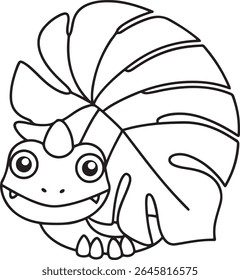 A cute, cartoon-style dinosaur peeking out from behind a large monstera leaf. This line art illustration is perfect for coloring pages and children's designs, isolated on white background.