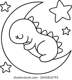 A cute, cartoon-style dinosaur peeking out from behind a large monstera leaf. This line art illustration is perfect for coloring pages and children's designs, isolated on white background.