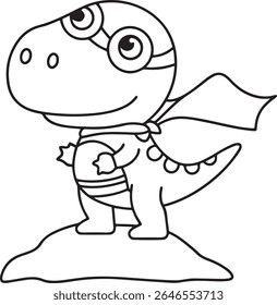 Um dinossauro fofo, em estilo de desenho animado, vestindo uma capa e óculos de proteção, fica orgulhosamente em um pequeno monte. Esta ilustração de arte de linha é isolada em um fundo branco, perfeito para colorir ou projetos de design.