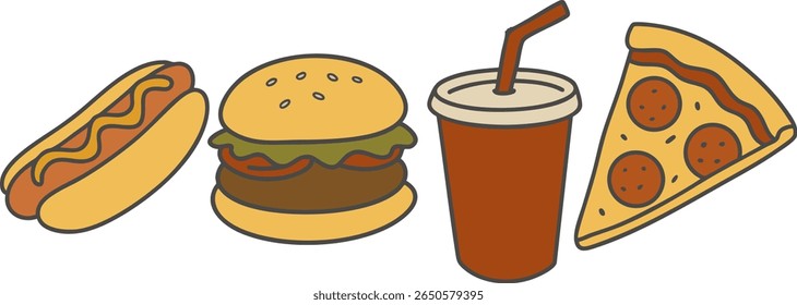 Cute cartoon-style fast food icon set including a hot dog, hamburger, soda cup with a straw, and a slice of pepperoni pizza. Simple outline style with warm colors, American fast food theme.