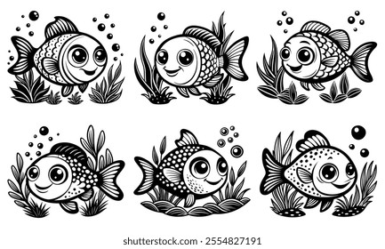 a cute, cartoon-style fish swimming in an underwater scene. fish has a rounded body, large expressive eyes, a cheerful smile, and detailed scales.The style simple yet charming, perfect for a coloring.