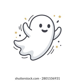 A cute, cartoon-style ghost with big eyes and a smile, surrounded by sparkling stars and a whimsical aura. The ghost is depicted in a playful, floating pose, with its arms outstretched.