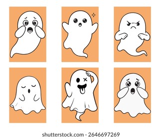 Um bonito pacote de fantasmas estilo cartoon com 6 expressões fantasmas de Halloween diferentes, incluindo feliz, triste, sonolento, com raiva, bobo e surpreso. Perfeito para artesanato de Halloween das crianças, projetos de t-shirt, impressão