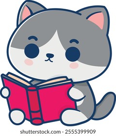 Cute, cartoon-style gray and white cat with pink ears, holding and reading a red book. Ideal for children’s illustrations, education-themed designs, and playful contexts