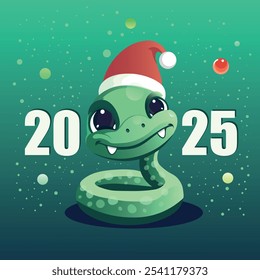 A cute cartoon-style green snake wearing a Santa hat, celebrating Christmas with a cheerful expression. This festive illustration is perfect for holiday cards, children's books, and seasonal decor.