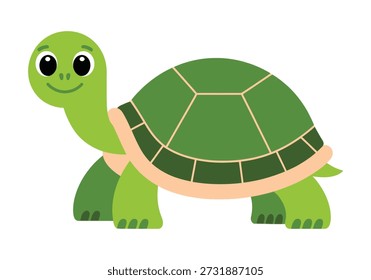 A cute, cartoon-style green turtle with a friendly smile and big eyes, depicted in a side view against a white background.