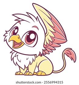 A cute, cartoon-style griffin character with big eyes and colorful wings.