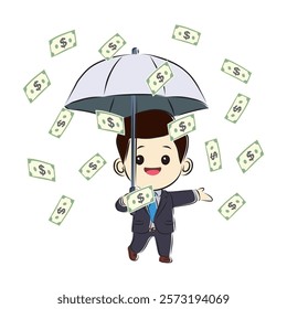 Cute cartoon-style illustration of a businessman holding an umbrella while dollar bills rain down around him.