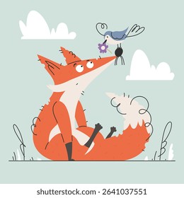 A cute, cartoonstyle illustration depicting a fox and a bird, the bird holding a purple flower, in a natural setting, perfect for kids or adults.