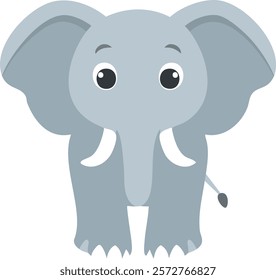 A cute cartoon-style illustration of a gray elephant with big ears, tusks, and a small tail, featuring a friendly and cheerful expression