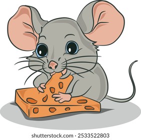 Una linda ilustración de estilo de dibujos animados de un ratón gris sosteniendo y comiendo un pedazo de queso. El ratón tiene ojos Grandes y expresivos y grandes orejas rosadas, dándole un aspecto adorable y amistoso.