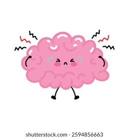 A cute cartoon-style illustration of a pink brain experiencing a headache. The character looks distressed, with tension lines and a pained expression. Perfect for health, stress, and mental themes.