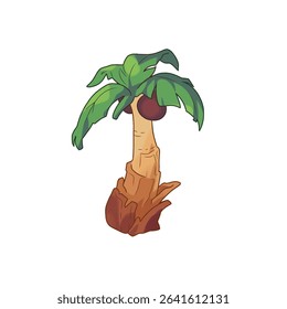 Cute cartoon-style illustration of a tropical coconut palm tree with wide green leaves and brown coconuts. 