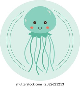 A cute cartoon-style jellyfish with a friendly smile. A minimalist vector illustration in soft colors, perfect for children's products, eco-design, and marine themes.