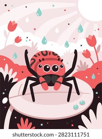 A cute, cartoon-style jumping spider with large eyes sits on a leaf during a light rain shower.