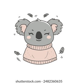 A cute, cartoon-style koala bear illustration wearing a cozy, light pink sweater. The koala has a happy expression with closed eyes and a slight smile, surrounded by small, falling leaves. The design