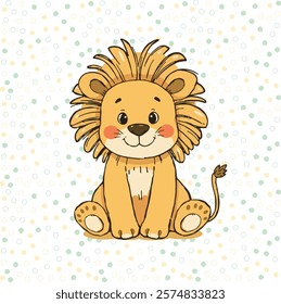 A cute, cartoon-style lion cub with a fluffy mane sits on a polka-dot background. The lion has a friendly smile, blushing cheeks, and is drawn in soft, cheerful colors.