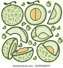Cute cartoon-style melon set featuring whole melon, slices, cores, and seeds.