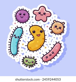 Cute cartoon-style microbes with smiling faces, Vector illustration on a purple dotted background, concept of friendly bacteria. Vector illustration