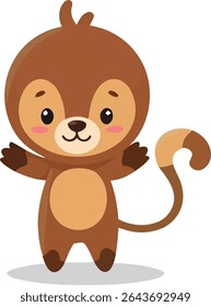 A cute, cartoon-style monkey with brown fur, a tan belly, and rosy cheeks, standing with its arms outstretched in a welcoming gesture.