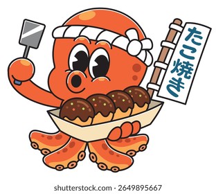 Um bonitinho mascote de polvo estilo cartum segurando uma bandeja de bolas de takoyaki cozidas recentemente, uma espátula em uma mão e uma bandeira tradicional japonesa que lê Takoyaki.