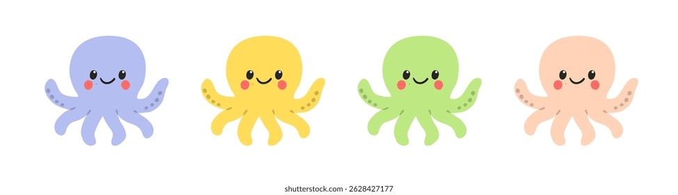 Polvos bonitos em estilo cartoon em cores pastel. Boas criaturas marinhas com rostos sorridentes e rubor bochechas ilustração vetorial