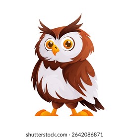 A cute, cartoonstyle owl illustration featuring brown and white feathers, large orange eyes, and a small yellow beak, isolated on a clean white background.