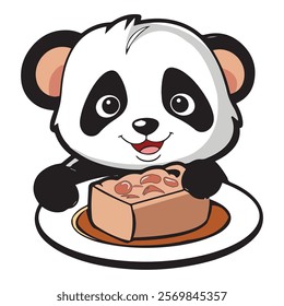 a cute, cartoon-style panda bear holding a plate with a large slice of cake on it. The panda has big, round eyes and a wide smile, and it looks like it's enjoying the cake. 