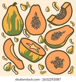 Cute cartoon-style papaya set featuring whole papaya, slices, cores, and seeds.