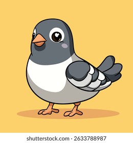 Um pombo bonito, estilo cartoon, predominantemente cinza e branco, é retratado em uma vista de três quartos, virado para a esquerda.