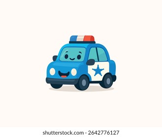 Cute cartoon-style police car with a smiling face. Flat vector character illustration for children’s education, transportation themes, or preschool design.